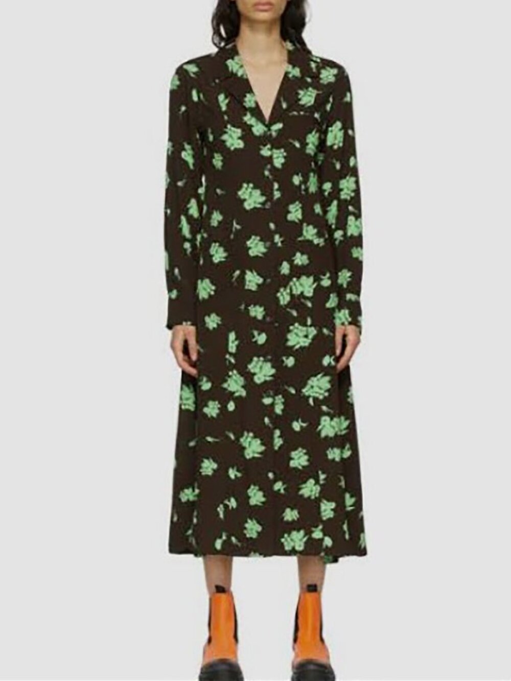 GANNI Floral Crepe Shirt Dress – Brown/Green – DK 36 (US 4) – NWT